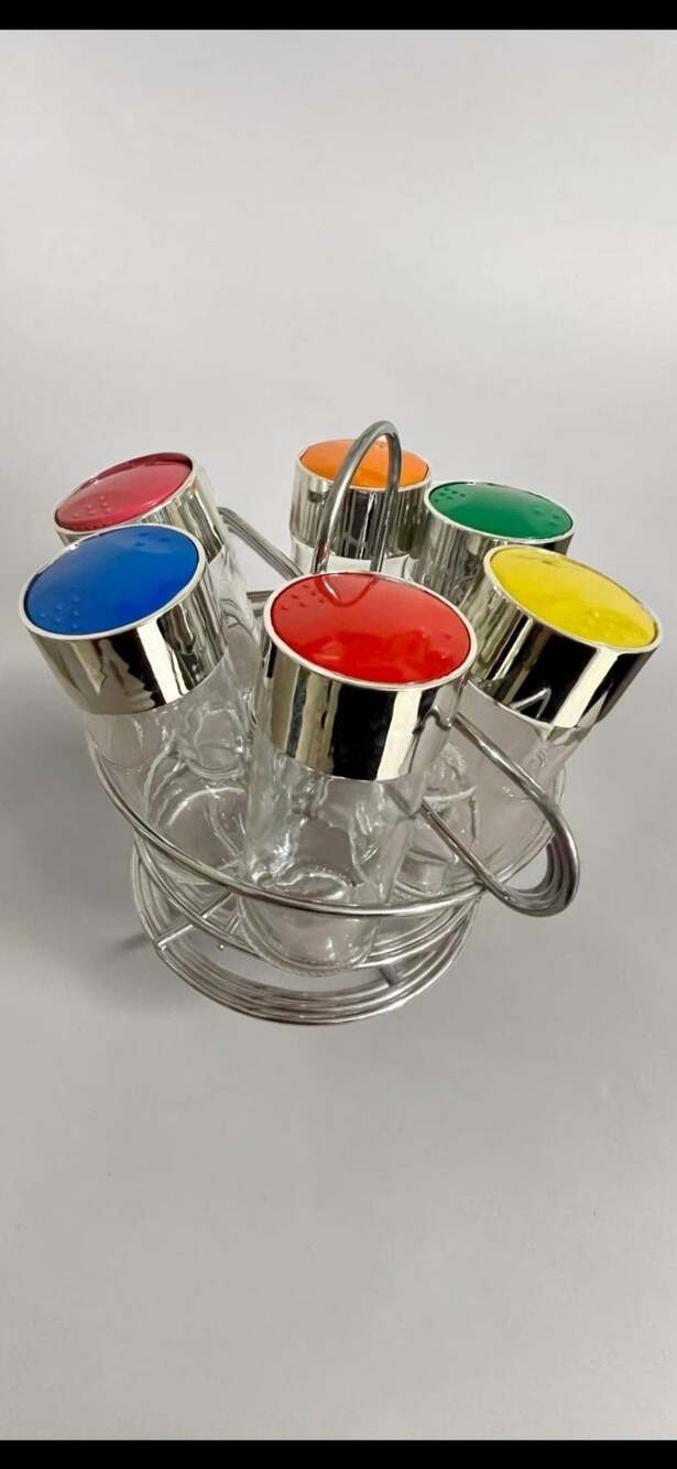 Vintage Glass Spice Shaker Set With Colorful Lids And Chrome Caddy